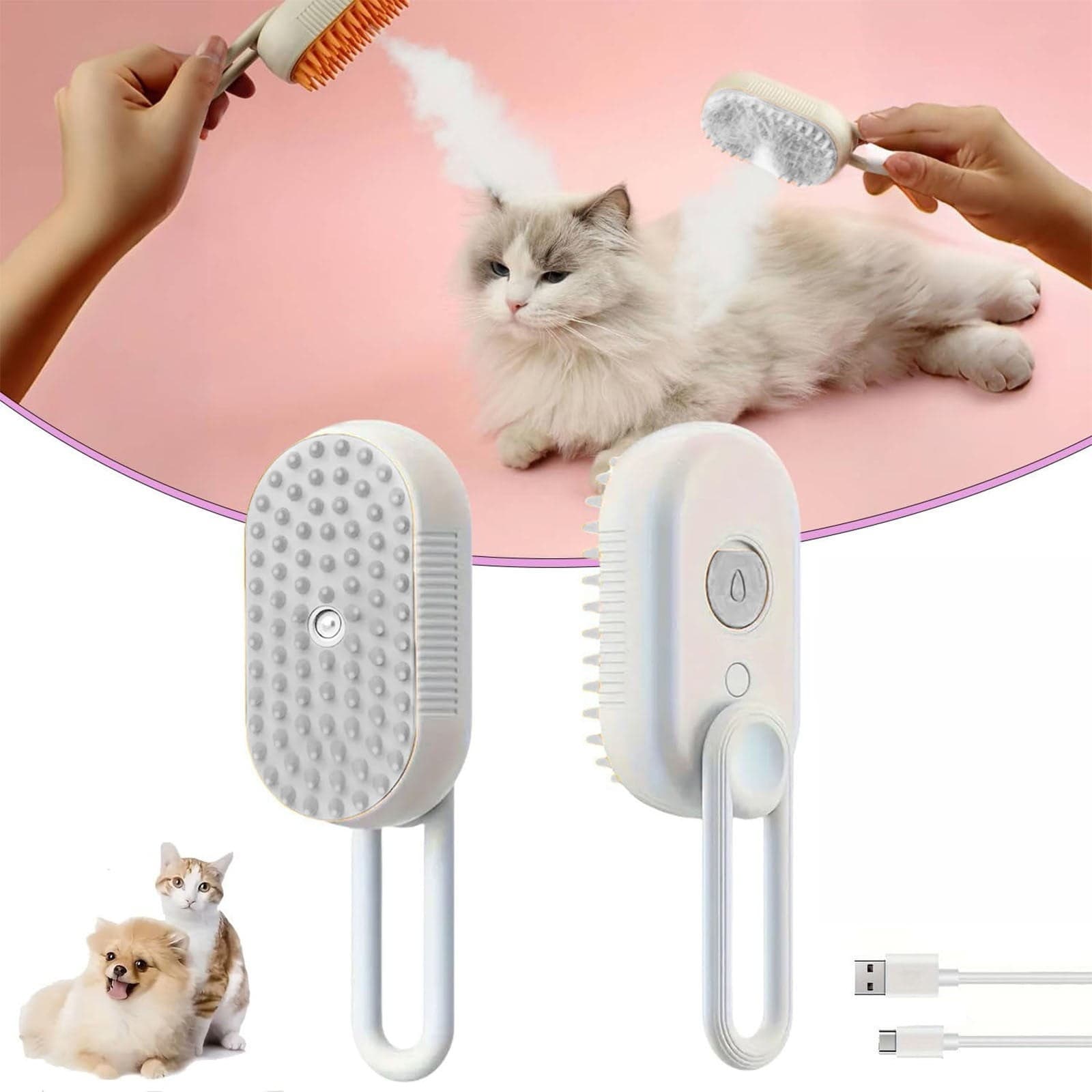 Pet Steam Spray Massage Comb 3-in-1 Grooming Brush for Cats and Dogs, Hair Removal Cleaning Bathing Brush, Ergonomic Portable Easy to Clean, White, photo 1 of 6