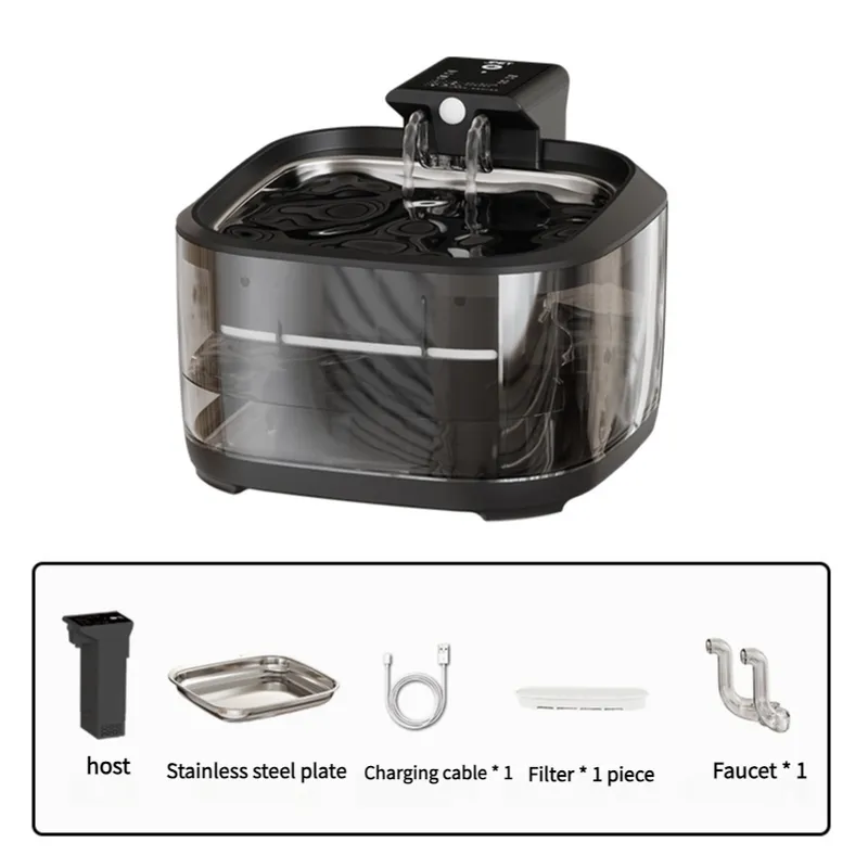 4.5L Dual-Flow Smart Pet Water Fountain with Stainless Steel Plate and Faucet – Design