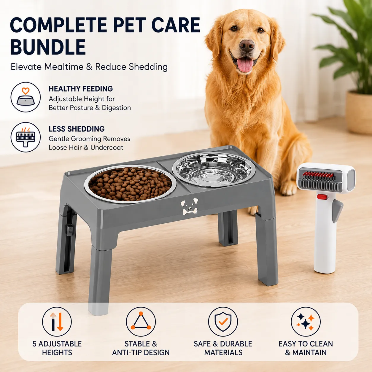 Pet Care Bundle Set – Adjustable Elevated Double Dog Bowl & 2-in-1 Self-Cleaning Pet Grooming Comb, Stainless Steel Feeding Station and Deshedding Brush for Dogs & Cats