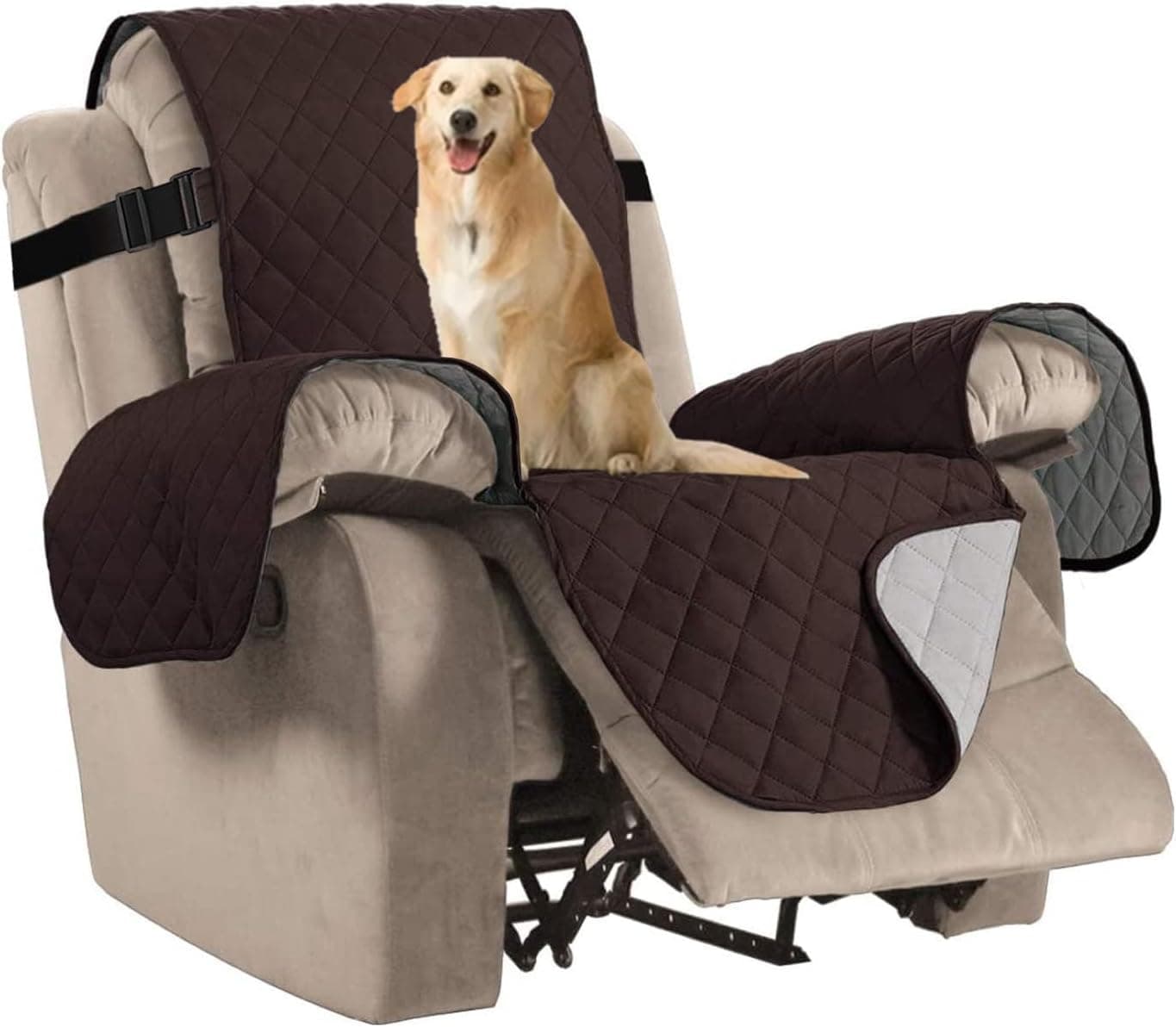 Reversible Quilted Recliner Covers Recliner Chair Cover Water Resistant Furniture Protector Washable Couch Cover with Elastic Straps for Kids, Pets (Recliner, Brown/Beige), photo 1 of 6