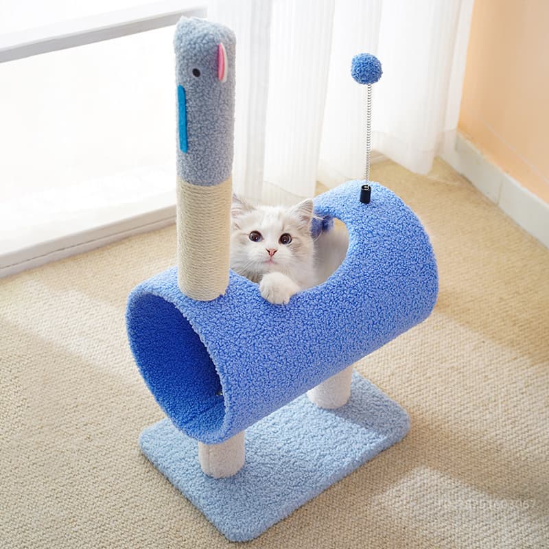 Interactive Cat Tunnel & Scratching Post with Spring Toy - Cozy Playtime for Kittens