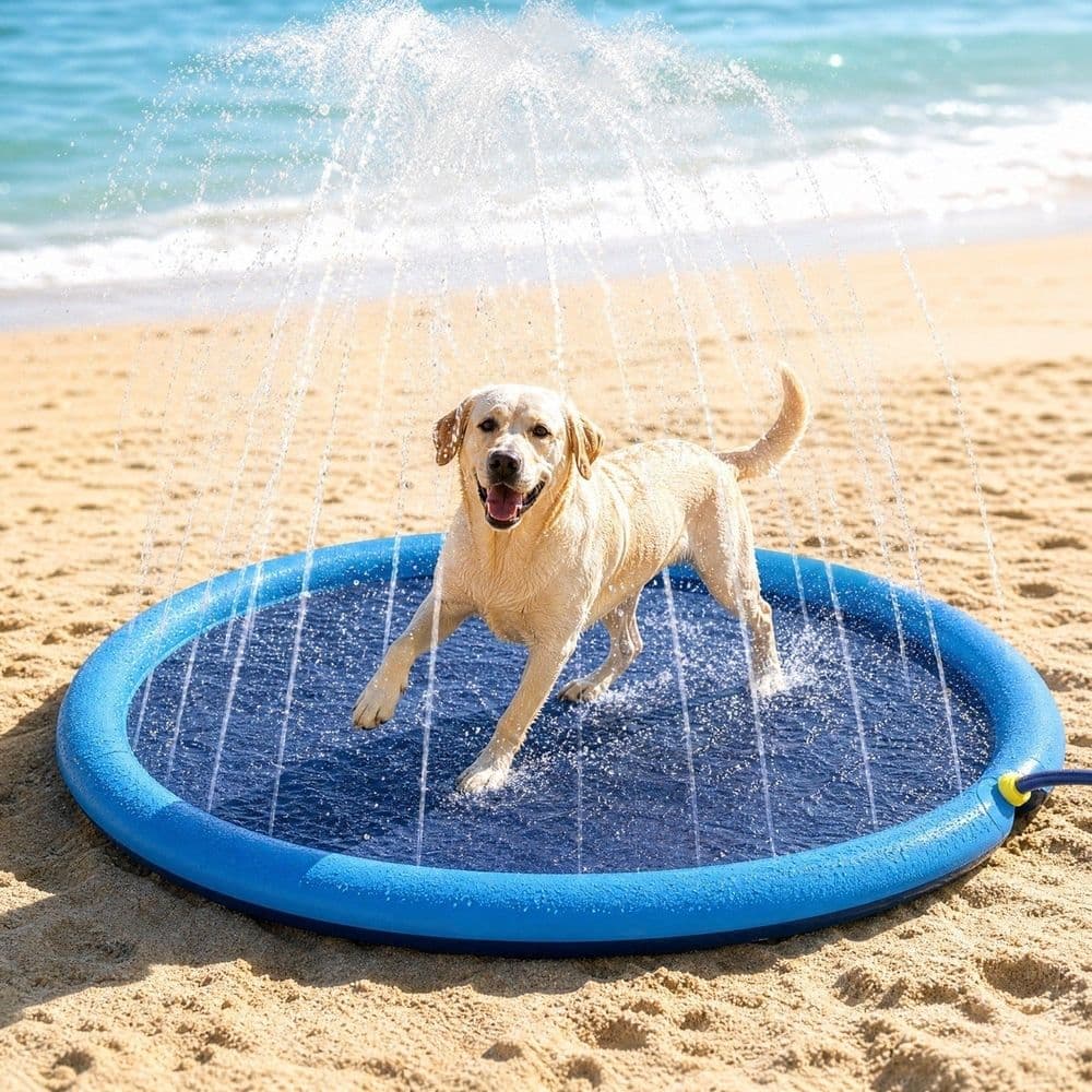 Thick PVC Spray Mat 100cm Foldable with Grip Base for Pet Bathing Dog Washing and Kids Water Play, Portable Splash Pad with Built-In Spray Nozzle for Outdoor Garden Backyard Use, Spray Mat For Dogs, photo 1 of 5