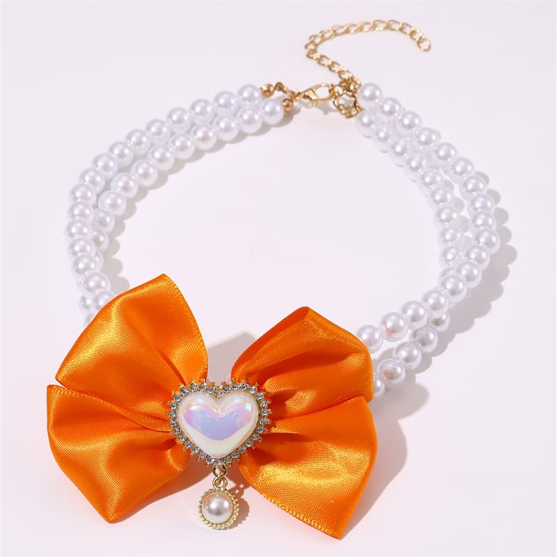 2 - PCS Cute Pet Pearl Necklace Collar with Bow and Heart Charm