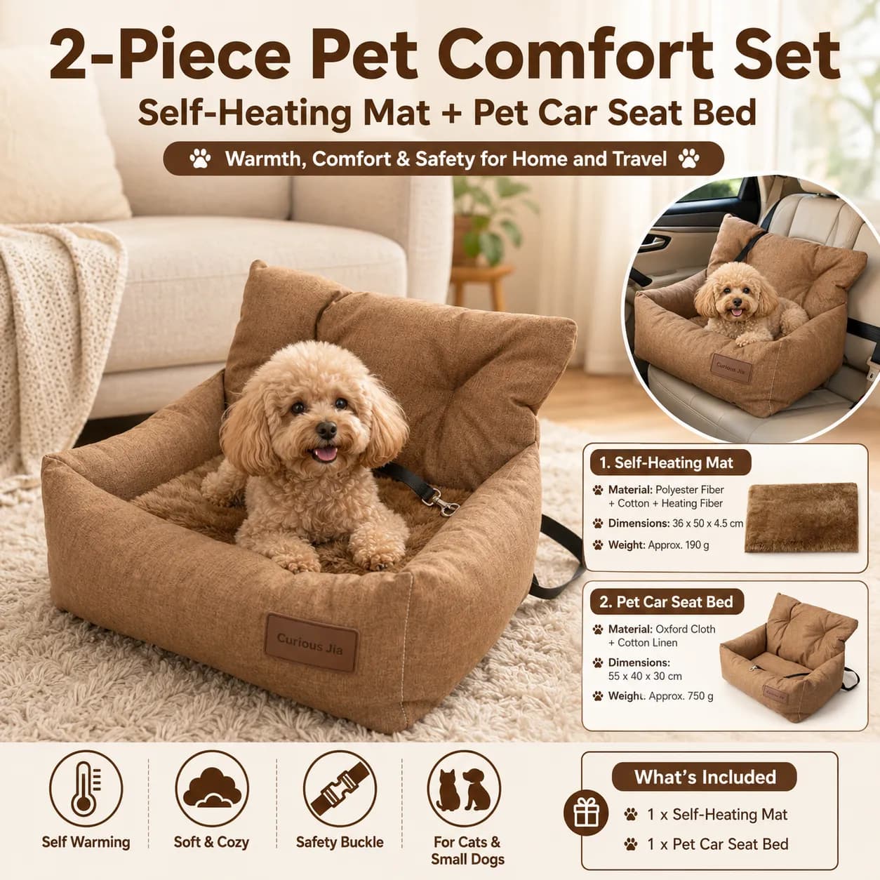 Winter Pet Warmth Bundle - Pet Car Booster Seat 55x40cm Non-Slip Safe Travel Sofa Bed for Small Dogs Cats Indoor Use