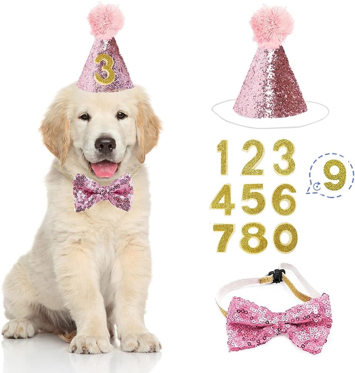 Birthday hats for dogs/cats - Party hat set for dogs - Includes bow tie and blue number - Suitable as decoration for a puppy or kitten - Clothing, headwear and accessories for pets, set of 3 (pink), photo 1 of 5