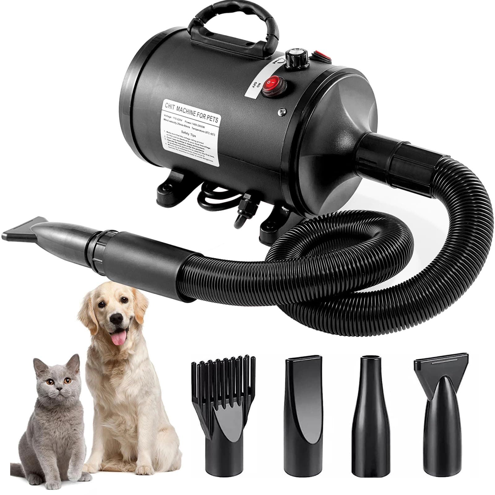 Pet Hair Dryer with Multiple Nozzles - Powerful and Quiet for Dogs and Cats
