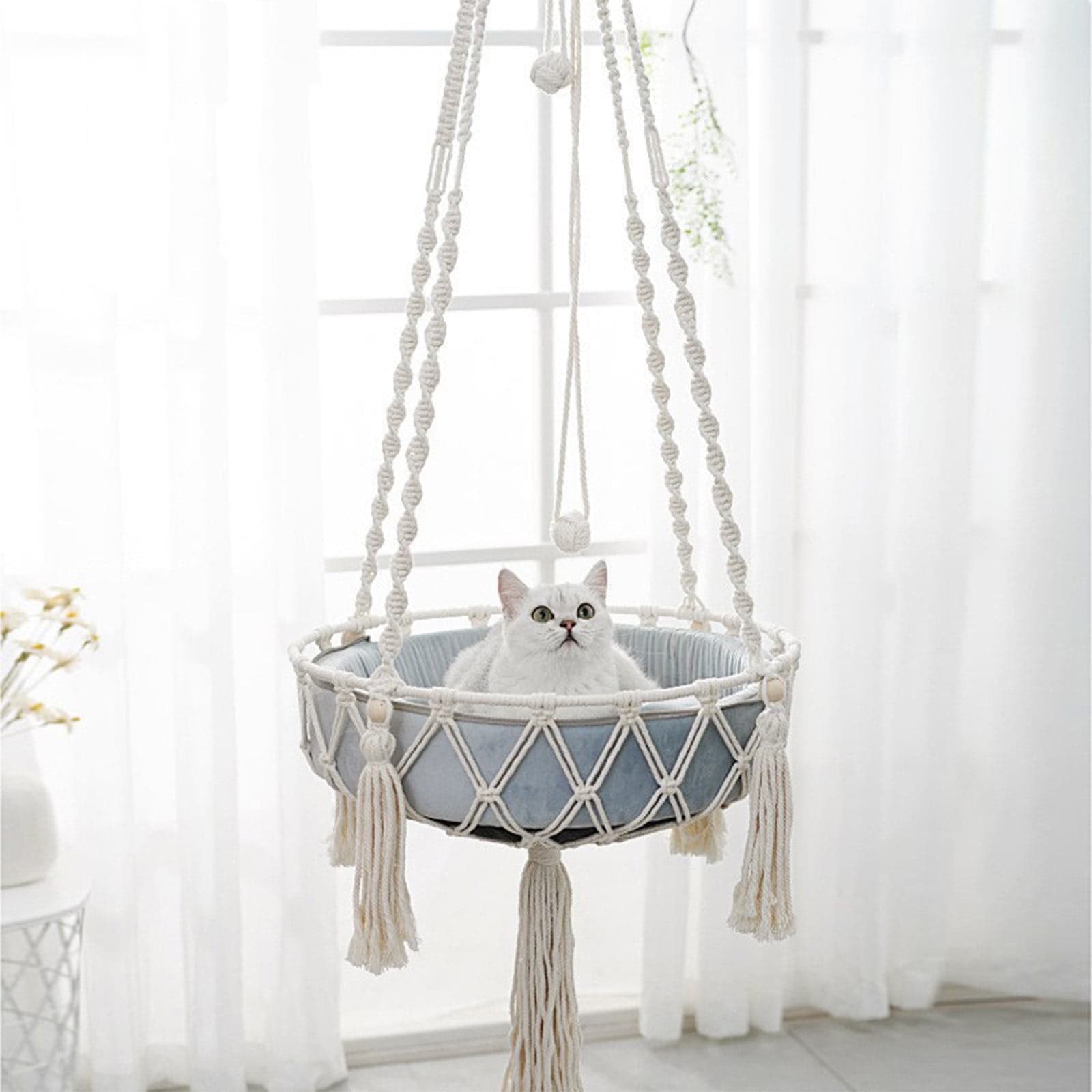 Macrame Cat Hammock, Handwoven Cats Bed, Hanging Indoor Boho Kitten Swing Beds, Hanging Cats Bed, Kitty Hanging Basket, for Playing Sleeping Climbing and Lounging White, photo 1 of 5