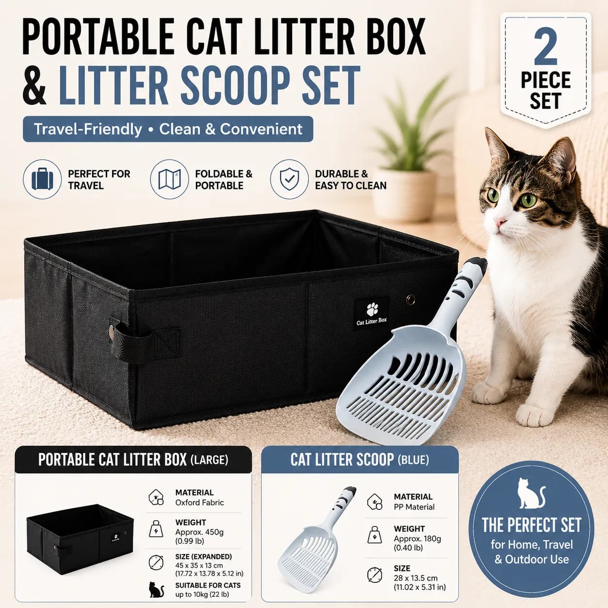 Travel Friendly Pet Toilet Kit - Portable Cat Litter Box and Scoop Set - Foldable Oxford Fabric Tray with Waterproof Liner, PP Fine Mesh Scoop for Tofu and Clumping Litter,Suitable for travel and outdoor use