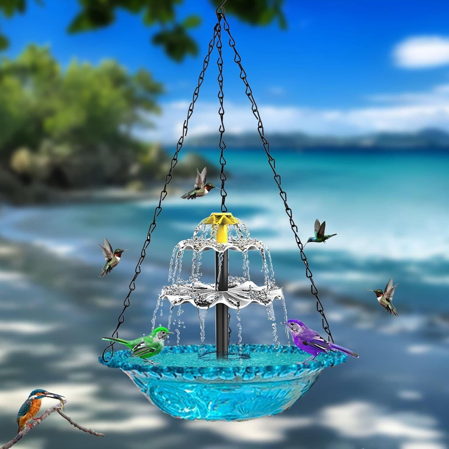 Solar Hanging 3-Layer Cascade Bird Bath Fountain & Wildlife Feeder - 23 cmW Bird Bath Bowl with Solar Powered Pump for Outdoor Garden Backyard Patio Lawn