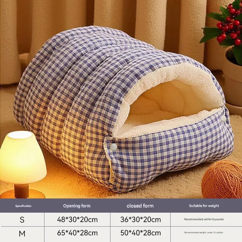 Plaid Cat Cave Bed Winter Warm Enclosed Pet House Cozy Cat Sleeping Bag Semi-Enclosed Cat Nest Small Dog Bed PP Cotton Filling Washable Pet Supplies