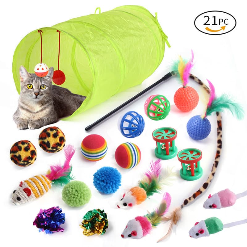 pet products Super Set (21 Pcs) - Cat Tunnel, Teaser, Mice, Jingle Balls, & Pom Poms. (Note: accessory colors are shipped randomly)., photo 1 of 7