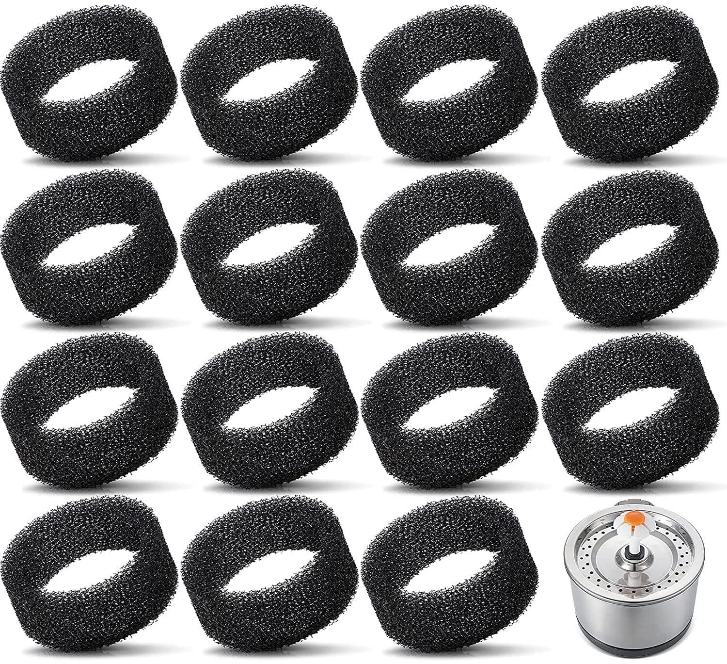 Pet Fountain Foam Filters, 16 Pack Round Sponge Replacement Filters for 2.5L 84 oz Stainless Steel Cat Fountain, Black, photo 1 of 7