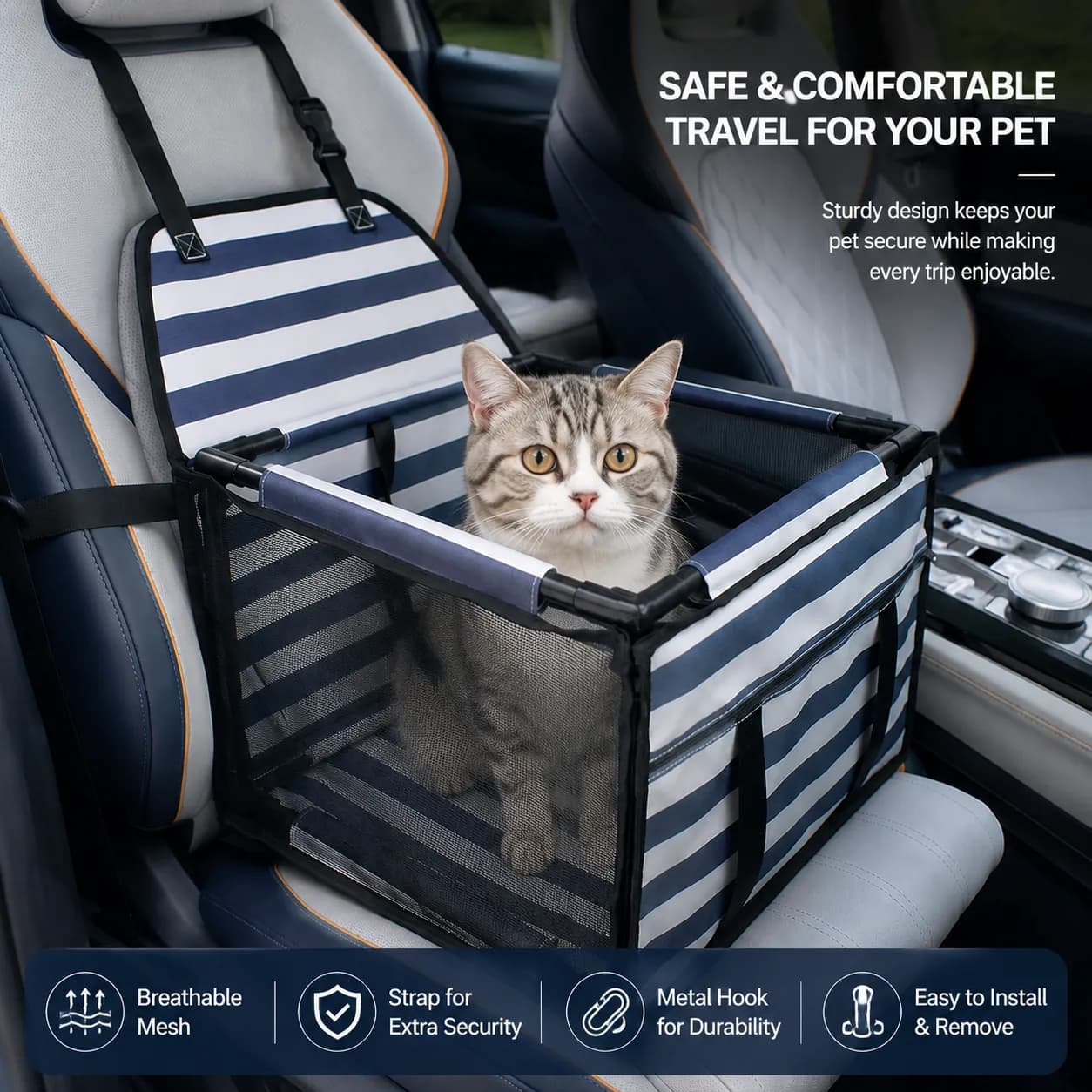 Pet Car Seat for Dogs and Cats Waterproof Mesh Booster Seat Carrier Bag - Striped Car Travel Pet Bed with Safety Strap Anti Slip Portable Pet Travel Carrier for Small Pets, photo 1 of 6