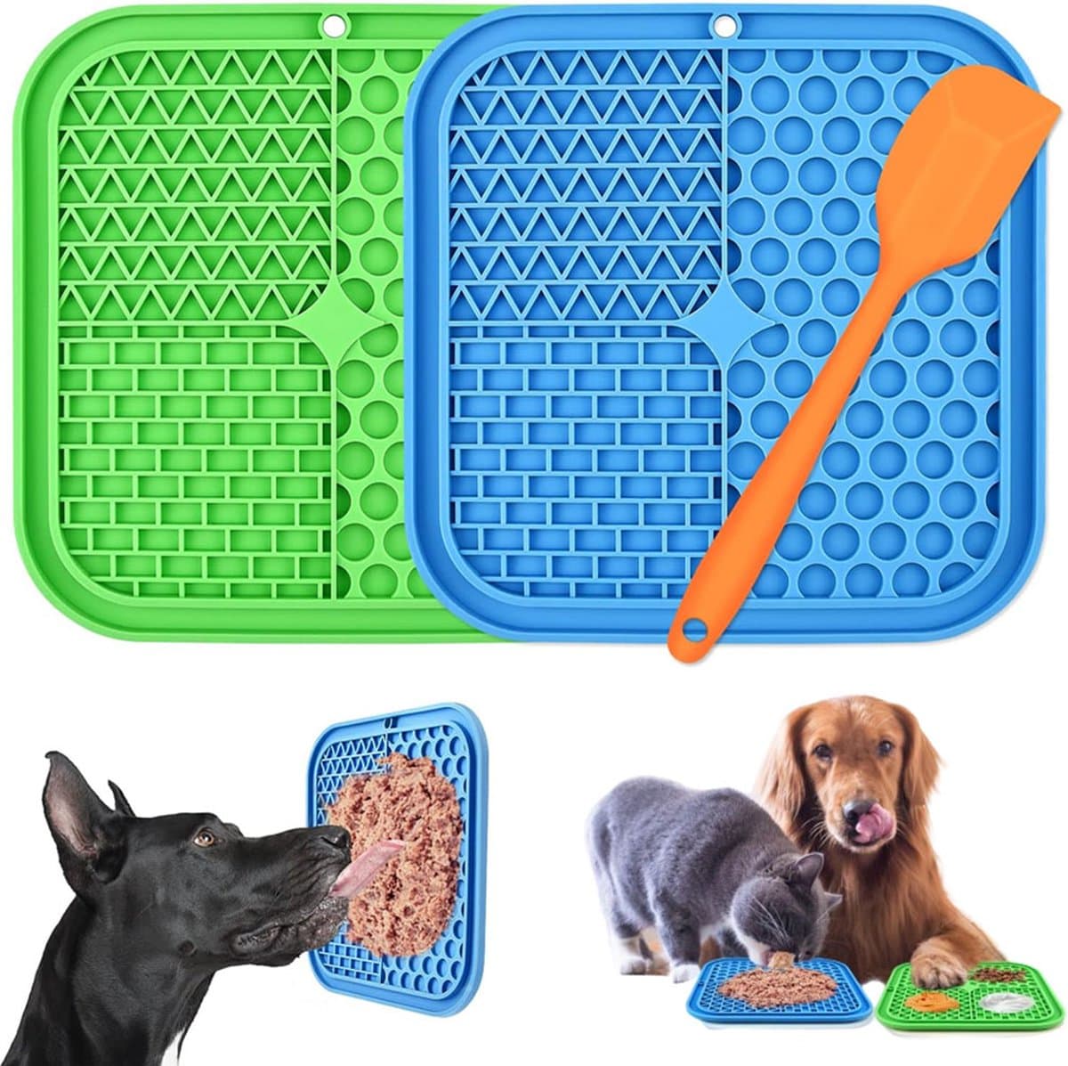 Dog Lick Mat - 2 Pieces - Dog Lick Mat with Suction Cup - Dog Toys - Dog Feeding Mat - Dog Slow Feeder - Cat Lick Mat - Dog Lick Pad - Anti-Gulp Food Bowl - BPA-Free - Dishwasher Safe - Blue and Green with Silicone Spatulas, photo 1 of 5