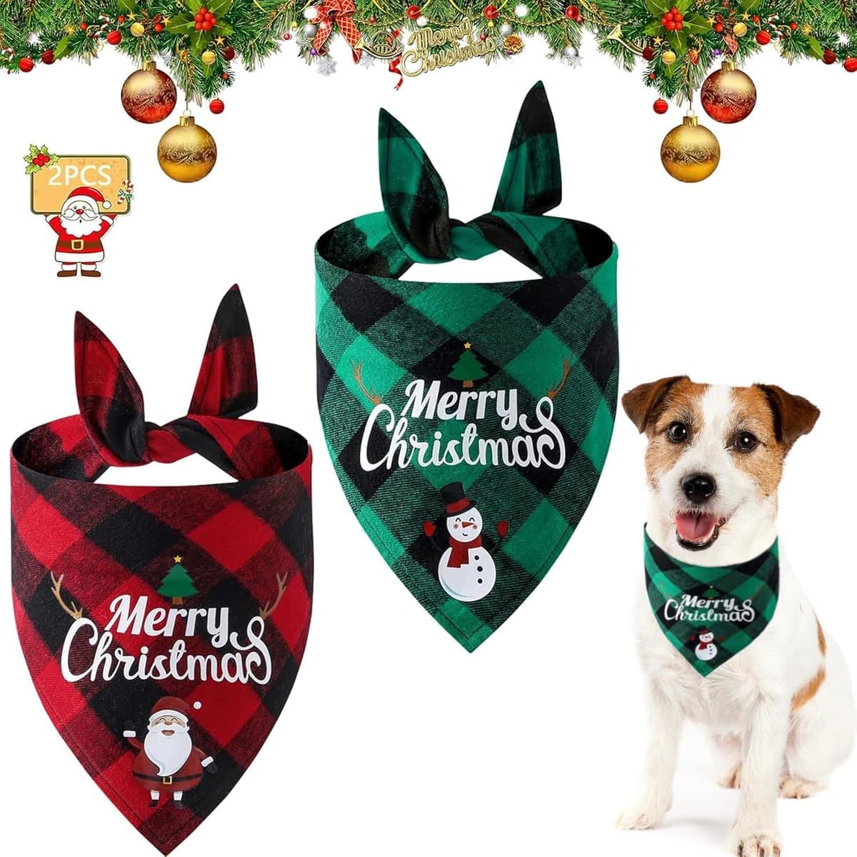 Christmas Dog Bandana - Neck Scarf For Your Pet Bandana Dog Dog Cat - Triangular Cloth - For Small, Medium And Large Puppies - Adjustable Bandana - Red/Green, photo 1 of 5