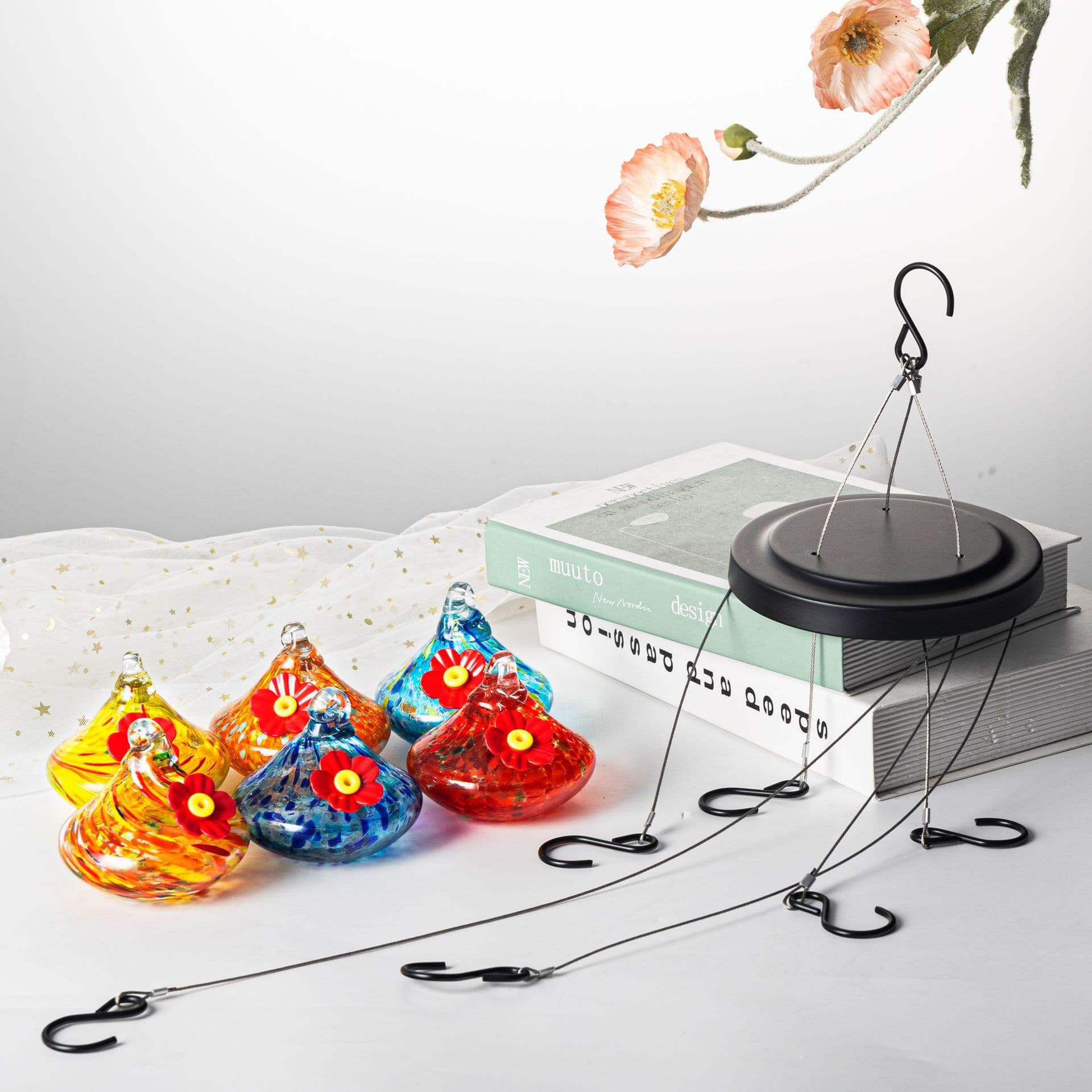 Outdoor Hand-Blown Glass Bird Feeder - 6-Color Durable Weather-Proof Bird Waterer, Includes Funnel & Hanging Plate, photo 1 of 10