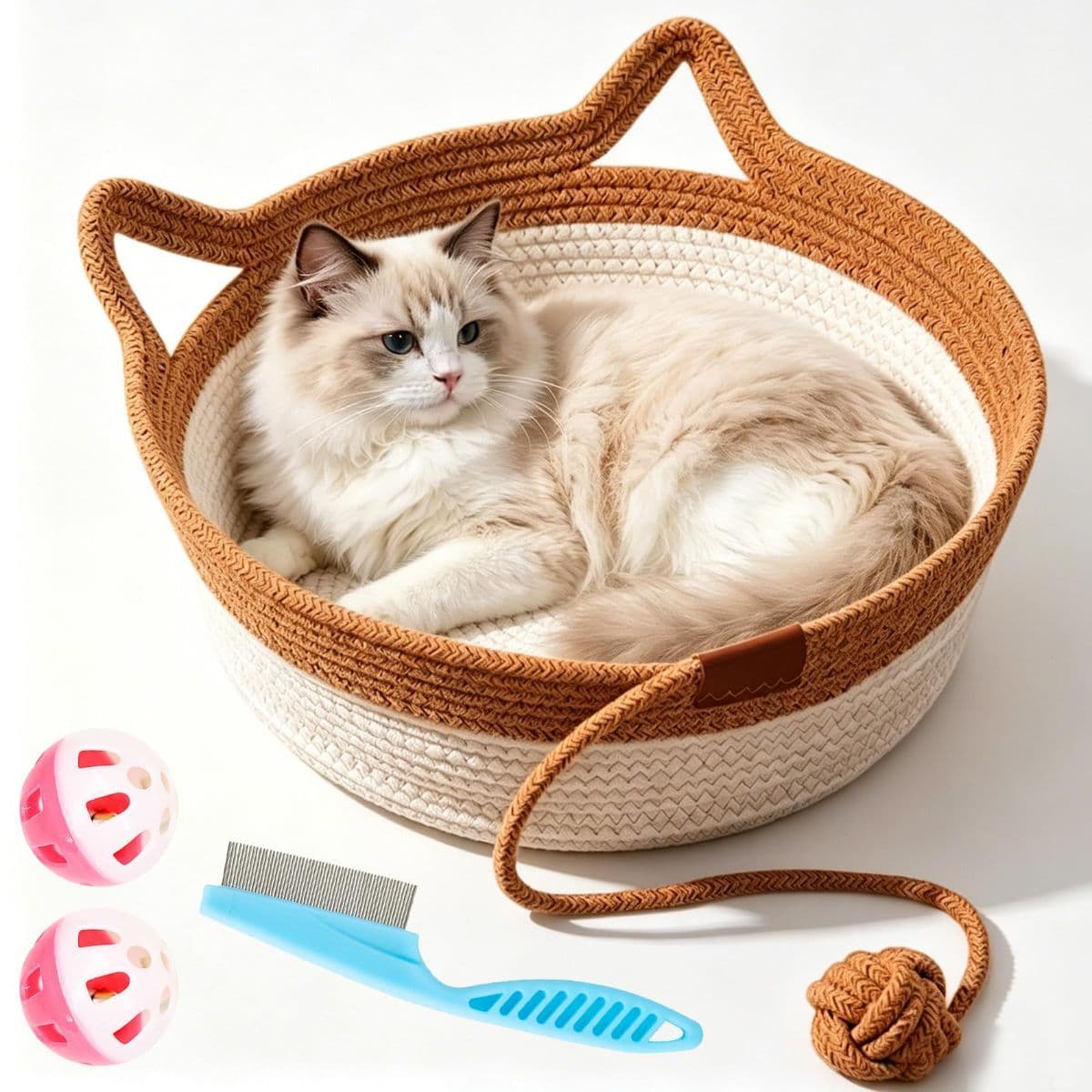 Cat Basket Hand-Woven Cat Bed Cat-Ear Handles Cotton Rope Cat Bed Indoor Cat