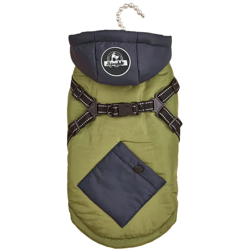 Thickened Winter Dog Coat with Reflective Strips – Waterproof, Windproof Pet Jacket for Small to Medium Dogs, Adjustable Fit with Detachable Leash Hook and Decorative Velcro Patch