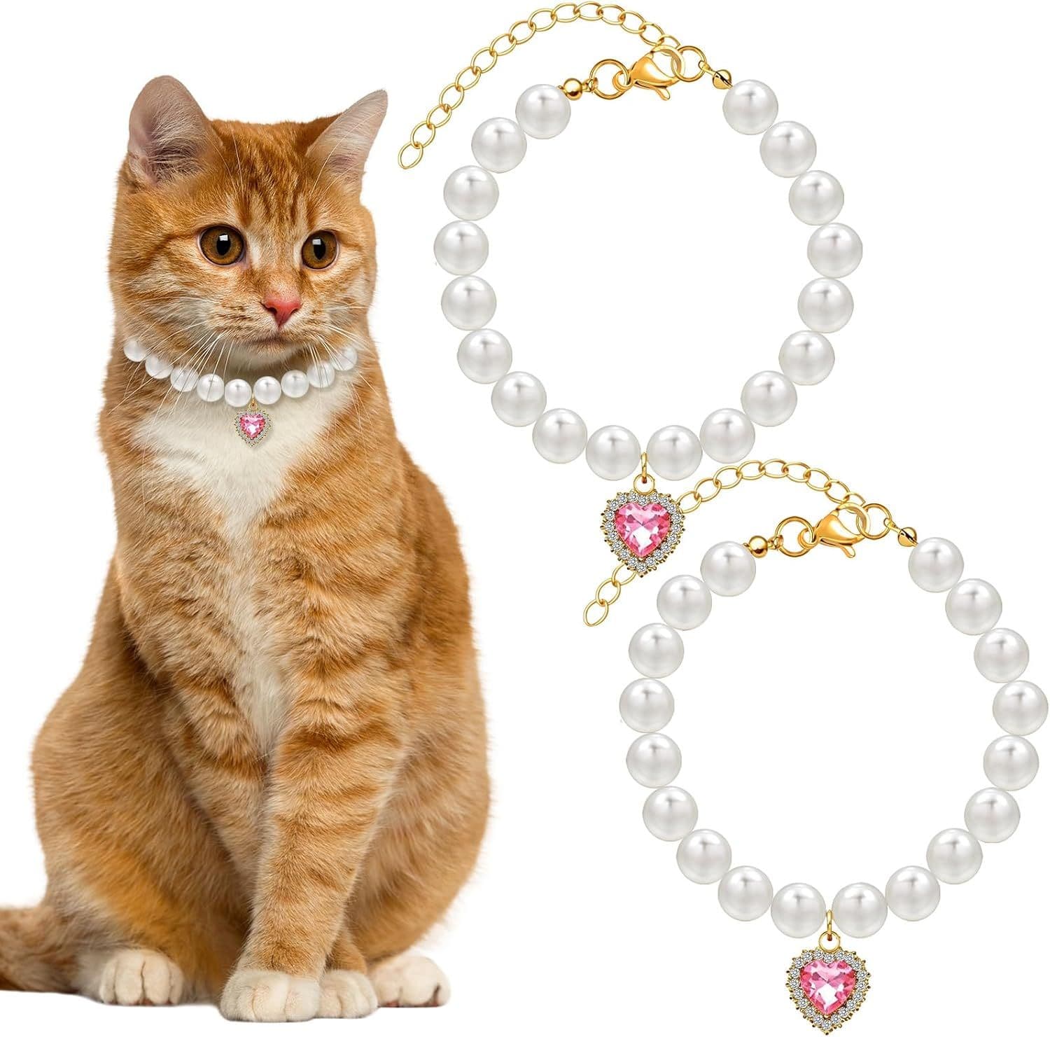 2 Pack Pearl Cat Collars with Heart Pendants, Adjustable Rhinestone Pet Necklaces for Cats, Puppies and Small Dogs, Wedding and Party Wear, photo 1 of 7