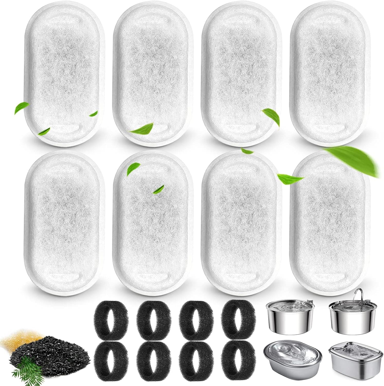Cat Water Fountain Filters for 108/3.2L& 67oz/2L Stainless Steel Pet Water Dispenser Fountain Filter Replacement with 8 Sponges (8 Filters&8 Sponges), photo 1 of 8
