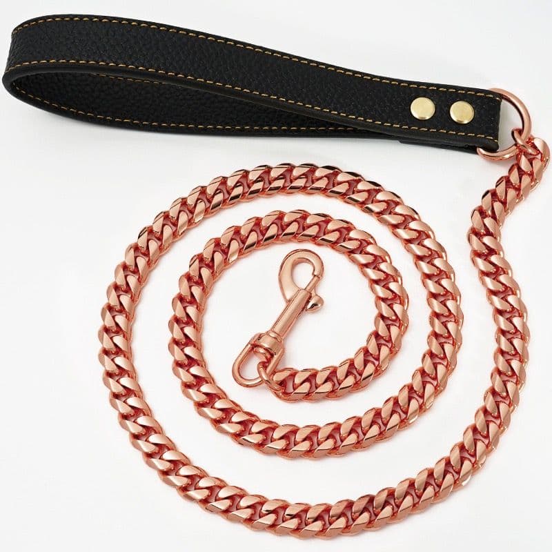 Luxury Cuban Link Dog Leash with Genuine Leather Handle – Polished Stainless Steel Pet Walking Chain for Large Dogs, Durable 14mm Heavy-Duty Leash, Gold, Rose Gold, Silver, or Gunmetal Finish 120cm), photo 1 of 10