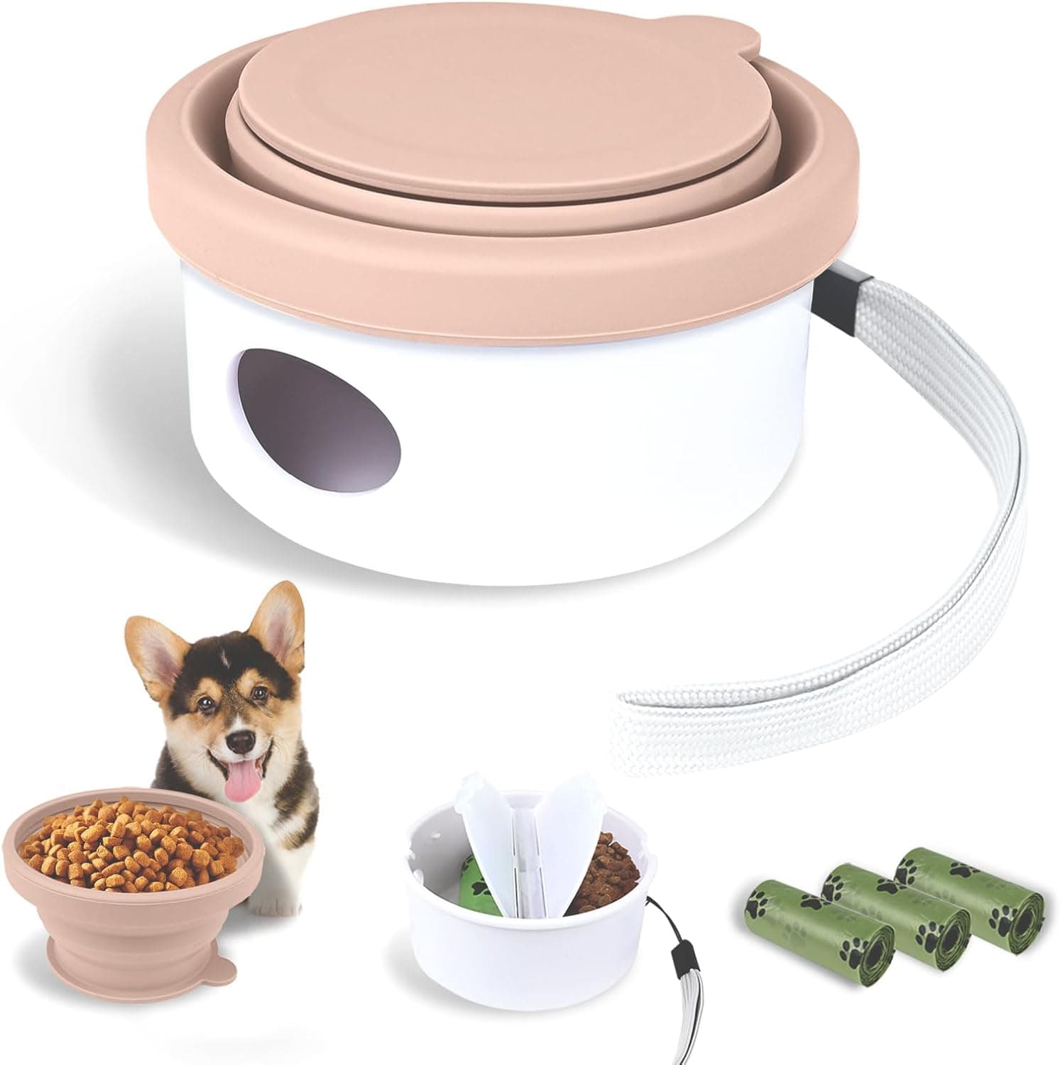 Collapsible Dog Bowl for Travel Double Feeder and Water Bowl with Lid and Carrying Strap, photo 1 of 6