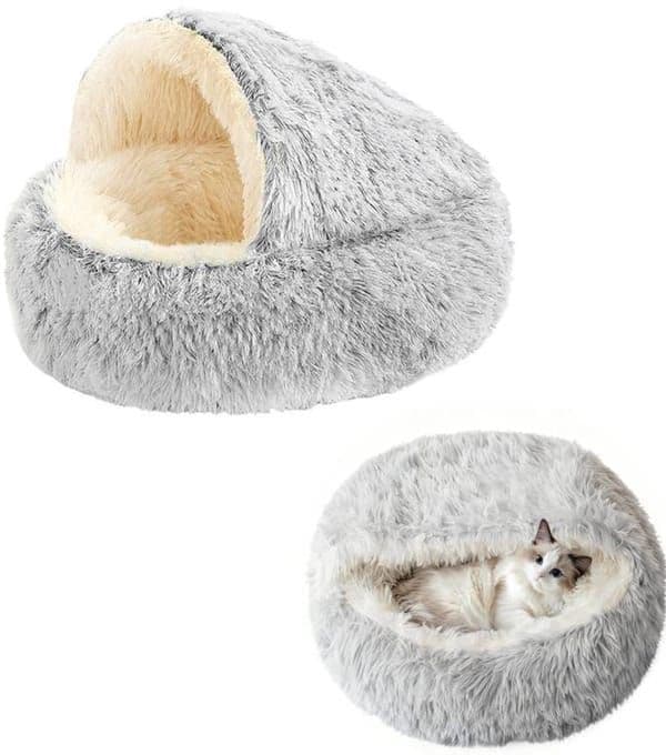 Cave Cat Bed 40cm, Donut Calming Anti‑Anxiety Pet Bed, Grey‑White for Cats & Small Dogs, photo 1 of 3