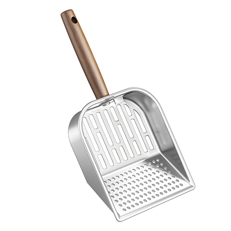 Stainless Steel Cat Litter Scoop with Long Wooden Handle, Double-Hole Deep Shovel and Hanging Loop for Easy Litter Box Cleaning, photo 1 of 3