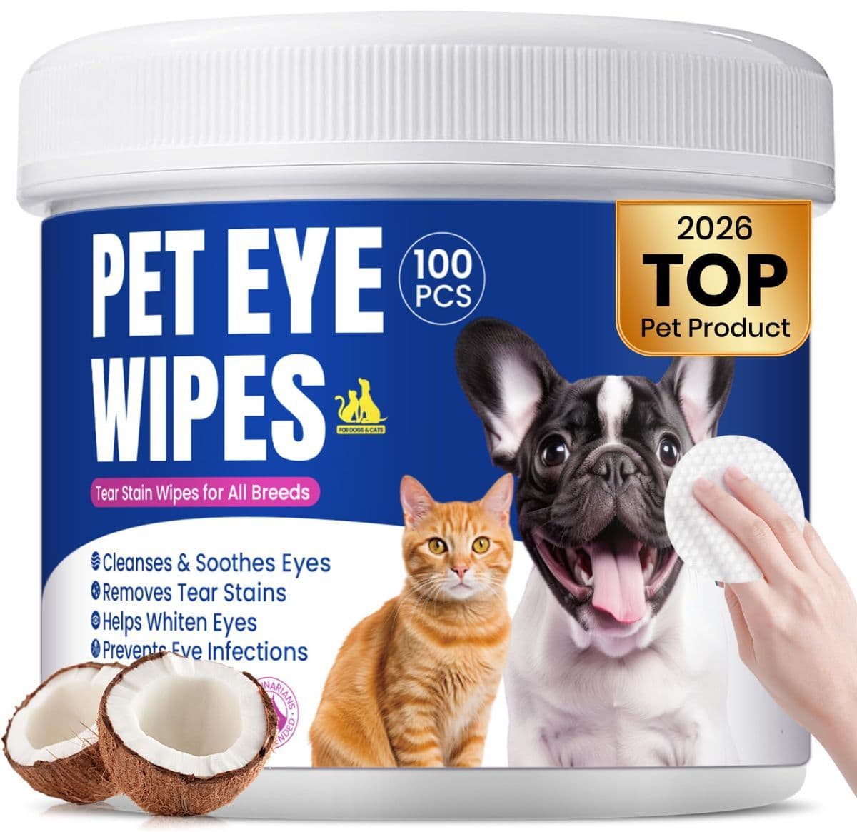 Dog Eye Wipes, Tear Stain Remover for All Dogs & Cats – Hypoallergenic & Deodorizing Eye Wipes for Dogs, Pet Eye Cleaner Wipes with Enzymes for Discharge, Crust, Mucus & Debris, Coconut (100 Ct), photo 1 of 9