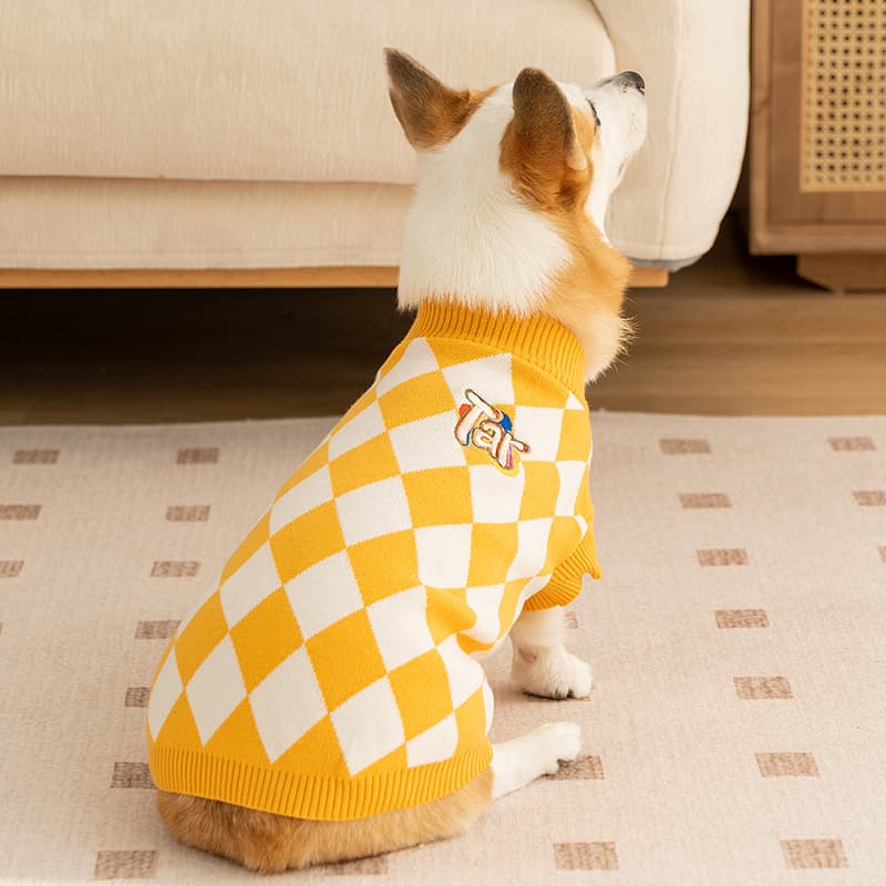 Classic Argyle Dog Sweater - & White Knit for Corgis & Medium Breeds