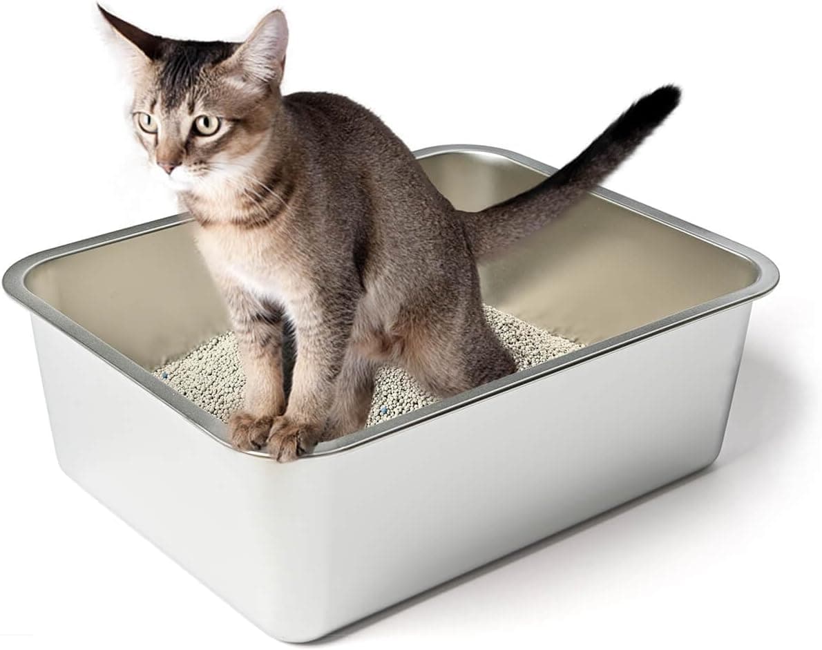Stainless Steel Cat Litter Box, High Sides Kitten Toilet, Top Open Pet Tray, Non-Stick, Odorless, Rt-Resistant, Easy-Clean Pan, Silver Box (61x41x15 cm), photo 1 of 6