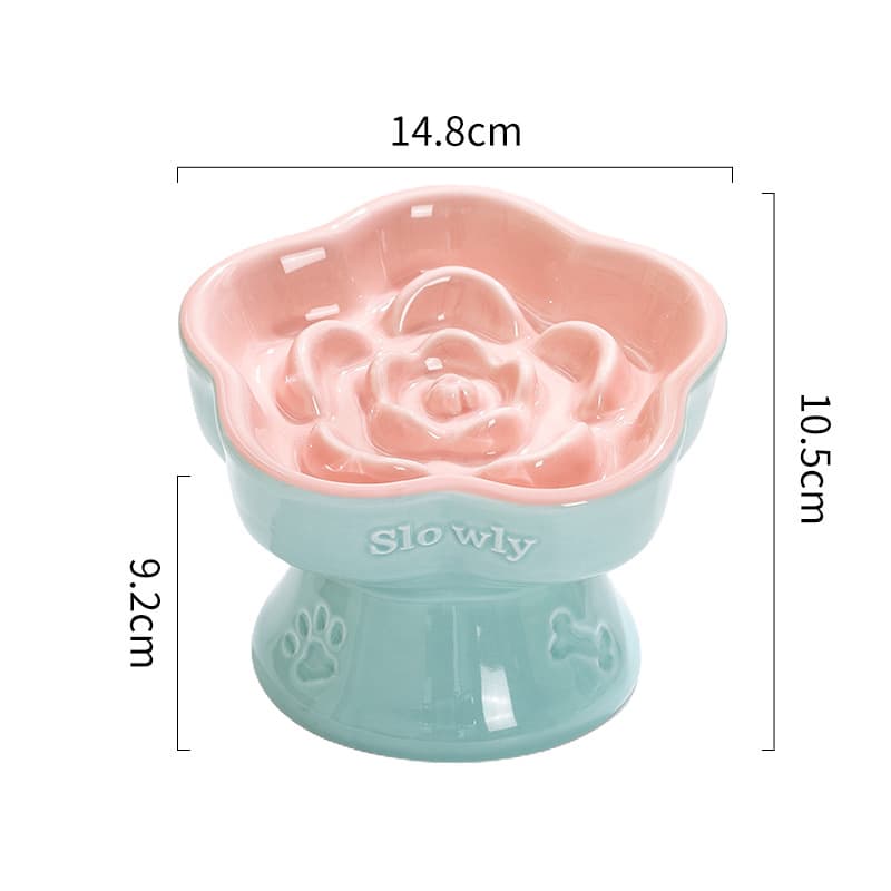 Ceramic Slow Feeder Pet Bowl for Cats and Small Dogs - Anti-Choke Elevated Design with 15-Degree Tilted Rim