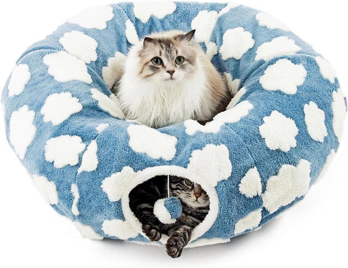 Cat Tunnel Bed with Washable Cushion for Indoor Cat, Donut Cave Tube Toys for Kitten Puppy Rabbit - Size 85 cm