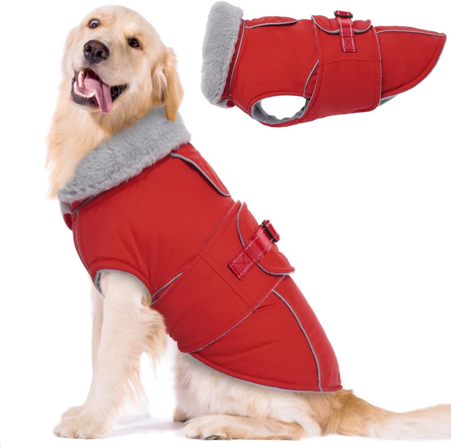 Warm Dog Coat Waterproof Dog Jacket Reflective Vest with Adjustable Buckle Hook & Loop, Windproof Winter Jacket Dogs Coats for Small Medium Large Dogs, Red,L, photo 1 of 5