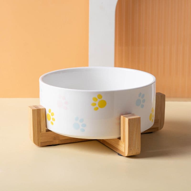 Ceramic Round Dog Cat Bowl with Wood Stand, Durable Ceramic Food Water Elevated Dish for Pet, Modern Cute Weighted Food (2pcs), photo 1 of 5