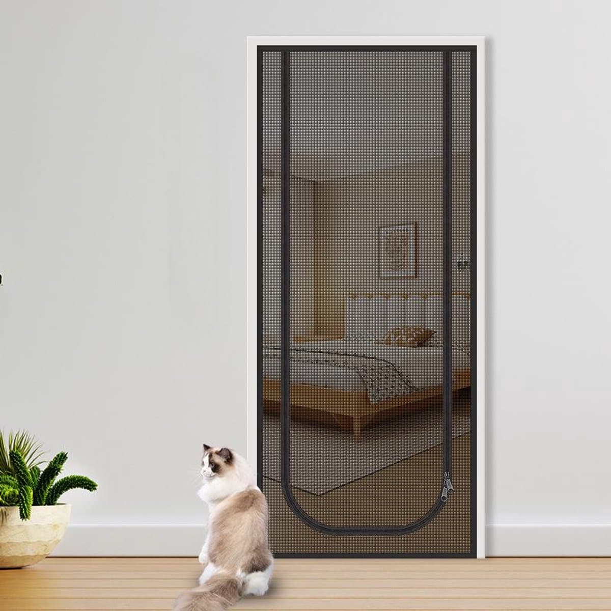 Reinforced cat screen door, flexible screen door with zipper, anti-theft door, mosquito net, thickened cat-proof mesh, suitable for living room, kitchen, bedroom, black, 90x220cm, photo 1 of 6