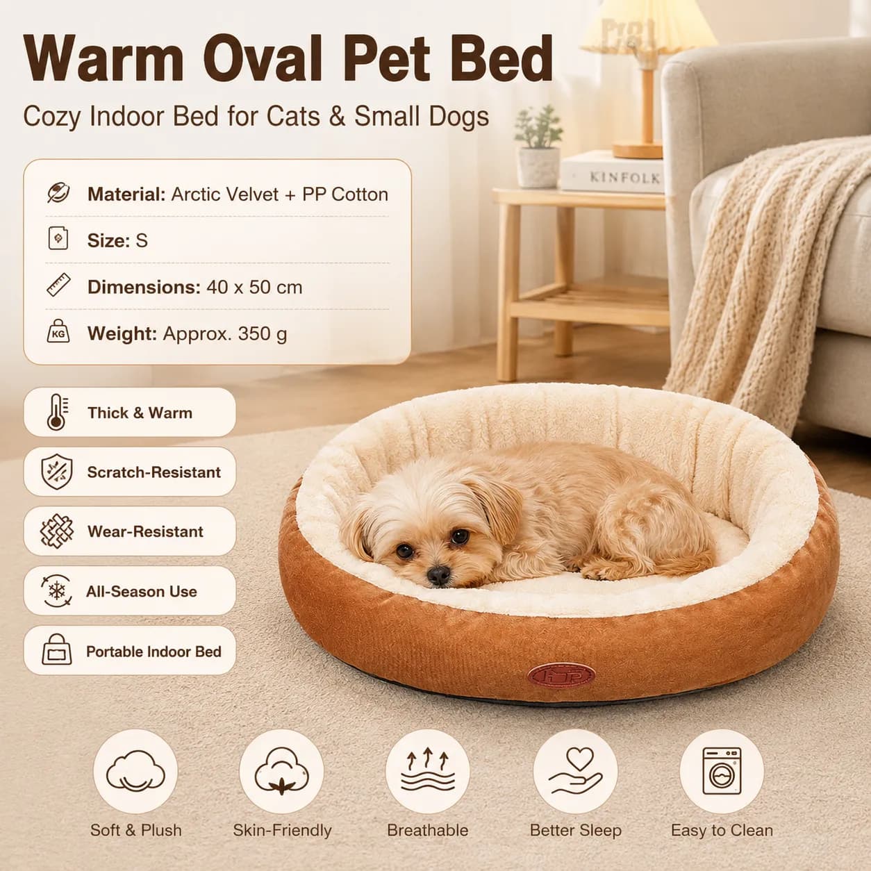 Oval Pet Bed - Arctic Fleece and PP Cotton - Thickened Warmth, Non-Slip Base, Removable Cover, Compact for Cats and Small Dogs