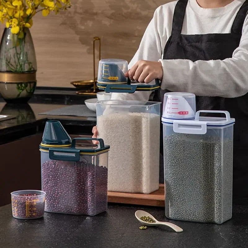 Airtight Food Storage Container with Measuring Cup for Rice, Grains, and Pet Food – Transparent Plastic Canister with Locking Lid, Silicone Seal, and Pour Spout for Kitchen Organization and Freshness,), photo 1 of 10