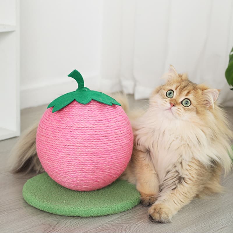 Strawberry And Base Fun Fruit Shaped Sisal Cat Scratcher Ball - Durable Scratching Toy with Stable Base