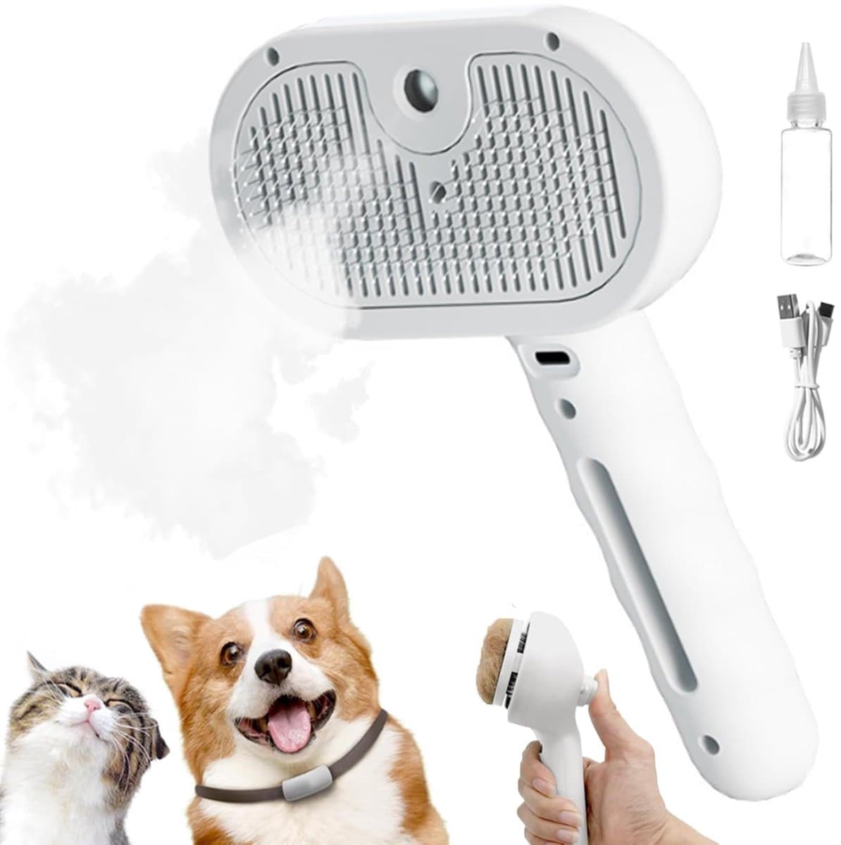 Cat Steam Brush - Dog Steam Brush - 3 in 1 Pet Spray Shedding Comb for Cats and Dogs - Dog Steam Brush - Pet Grooming Brush with Spray - Cat Steam Brush - Pets - Dog Brush - for Shedding & Grooming - White, photo 1 of 6