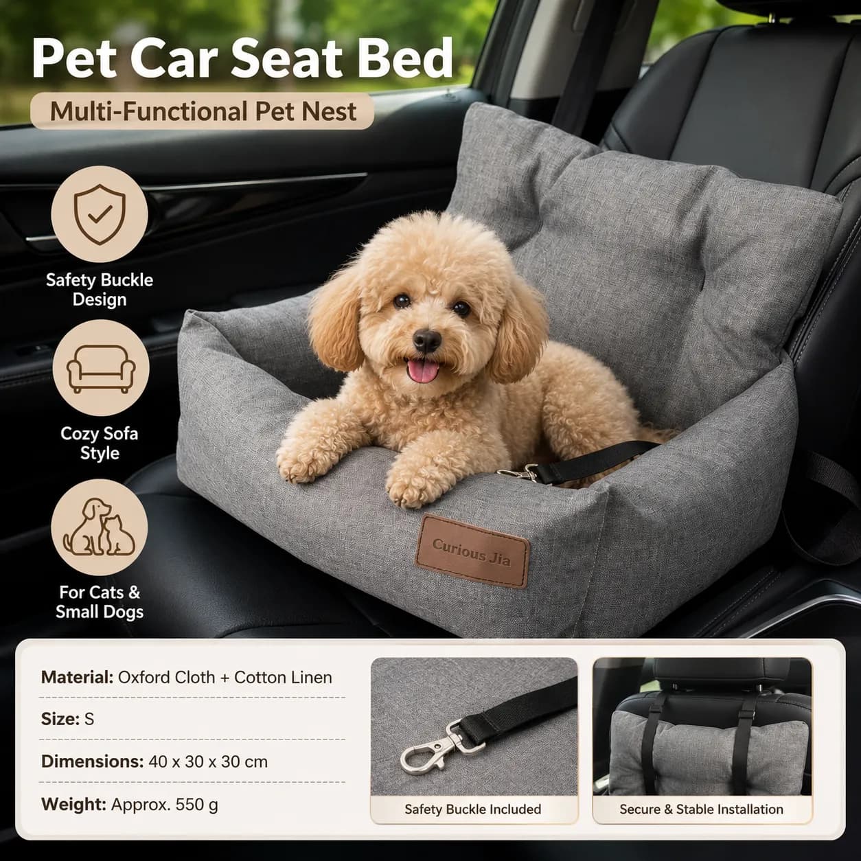 Car pet bed -Oxford Linen Removable Washable Non-Slip Sofa Bed for Small Dogs Cats Indoor Travel Use