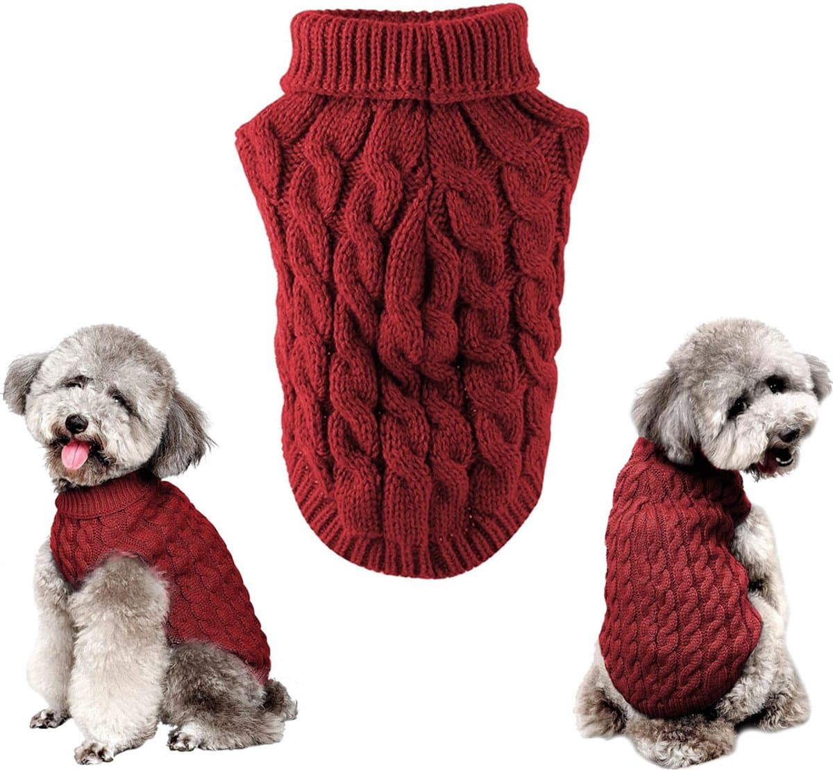 Dog Sweater - Puppy Soft Turtleneck - Size M - Back Length 30cm - Dog Bodywarmer - Dog Coat - Winter Dog Cardigan - For Small to Medium Dogs and Cats - Knitted Clothing - Winter Dog Clothing - Sweater - Christmas Gifts for Pets - Red, photo 1 of 5