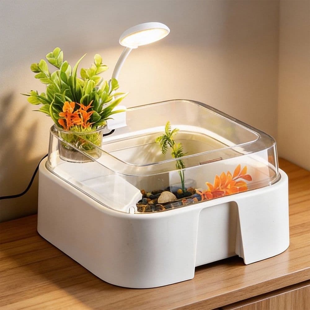 Desktop Mini Turtle Tank, Small Aquatic Habitat with Transparent Lid, Multi-Functional Tank for Small Reptiles, photo 1 of 5