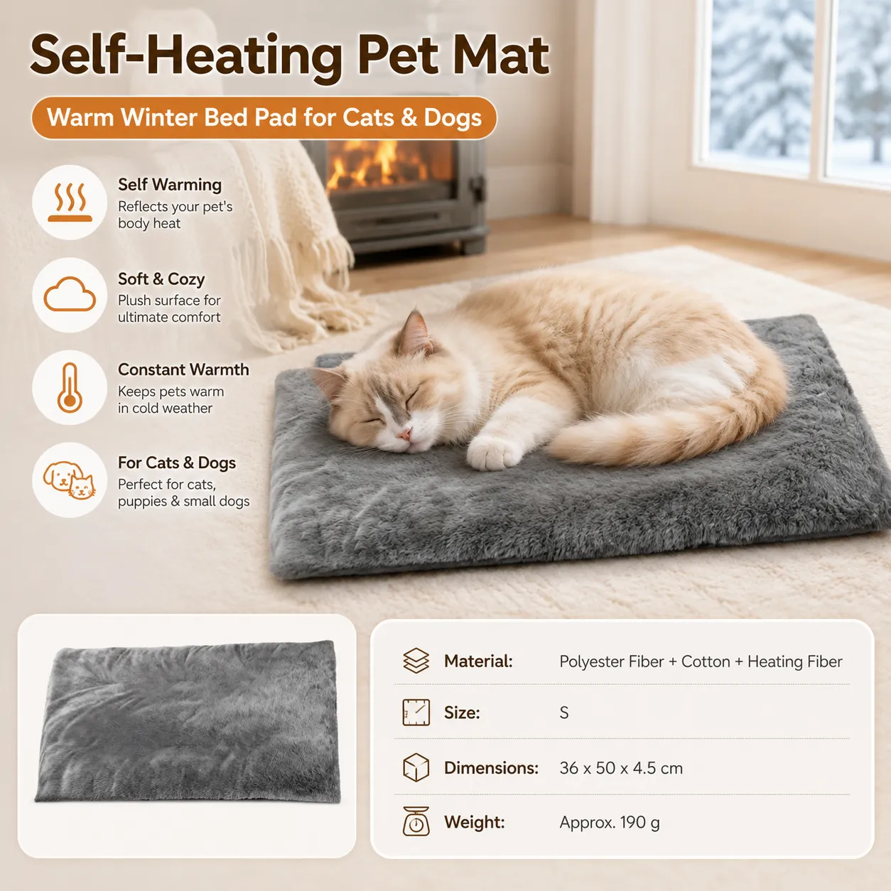 Self Heating Pet Mat - Soft Plush Non-Slip Thermal Bed for Cats and Small Dogs Indoor Crate Car Travel Use
