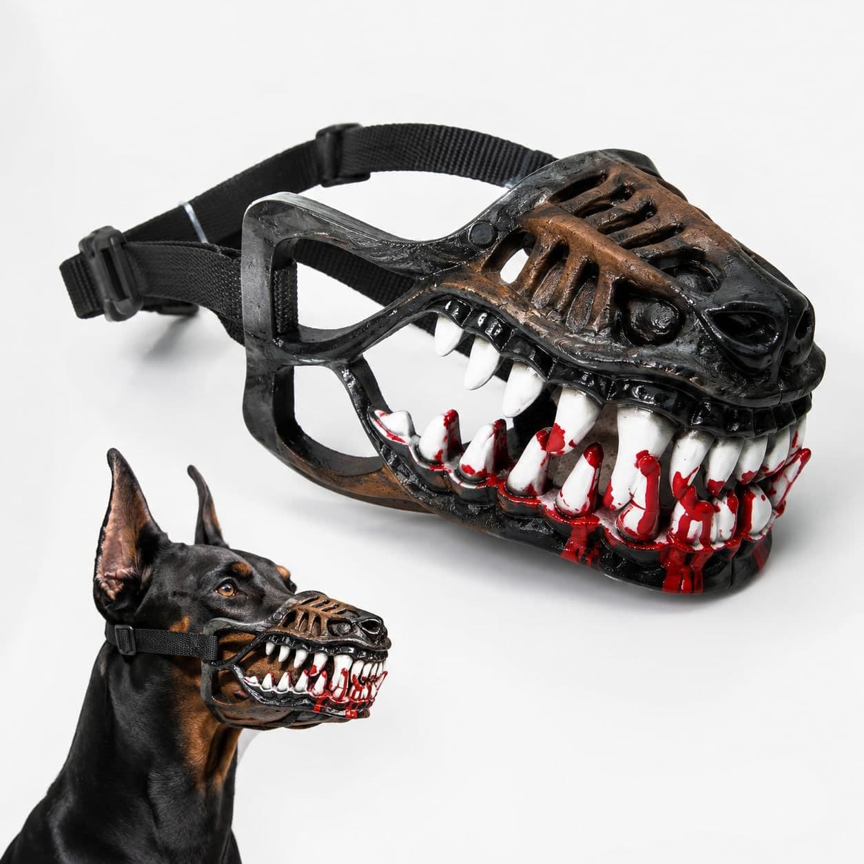 Funny Anti-Bite Dinosaur Dog Muzzle, Hell Hound Monster for Halloween Party Cosplay Dogs Beast Terror Pet Lifelike Teeth Mask Photo Shoots Trick or Treat with Adjustable Straps,With Blood, (Black), photo 1 of 10