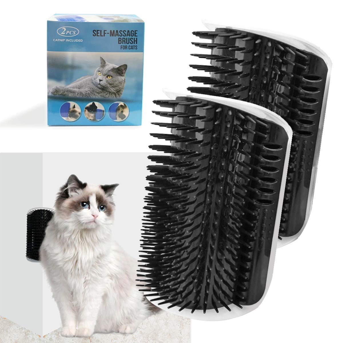 2 Pack Black Catnip Wall Massage Corner Brush for Long & Short Fur Cats and Kittens - Self Groomer Scratcher with Soft Comb, photo 1 of 7