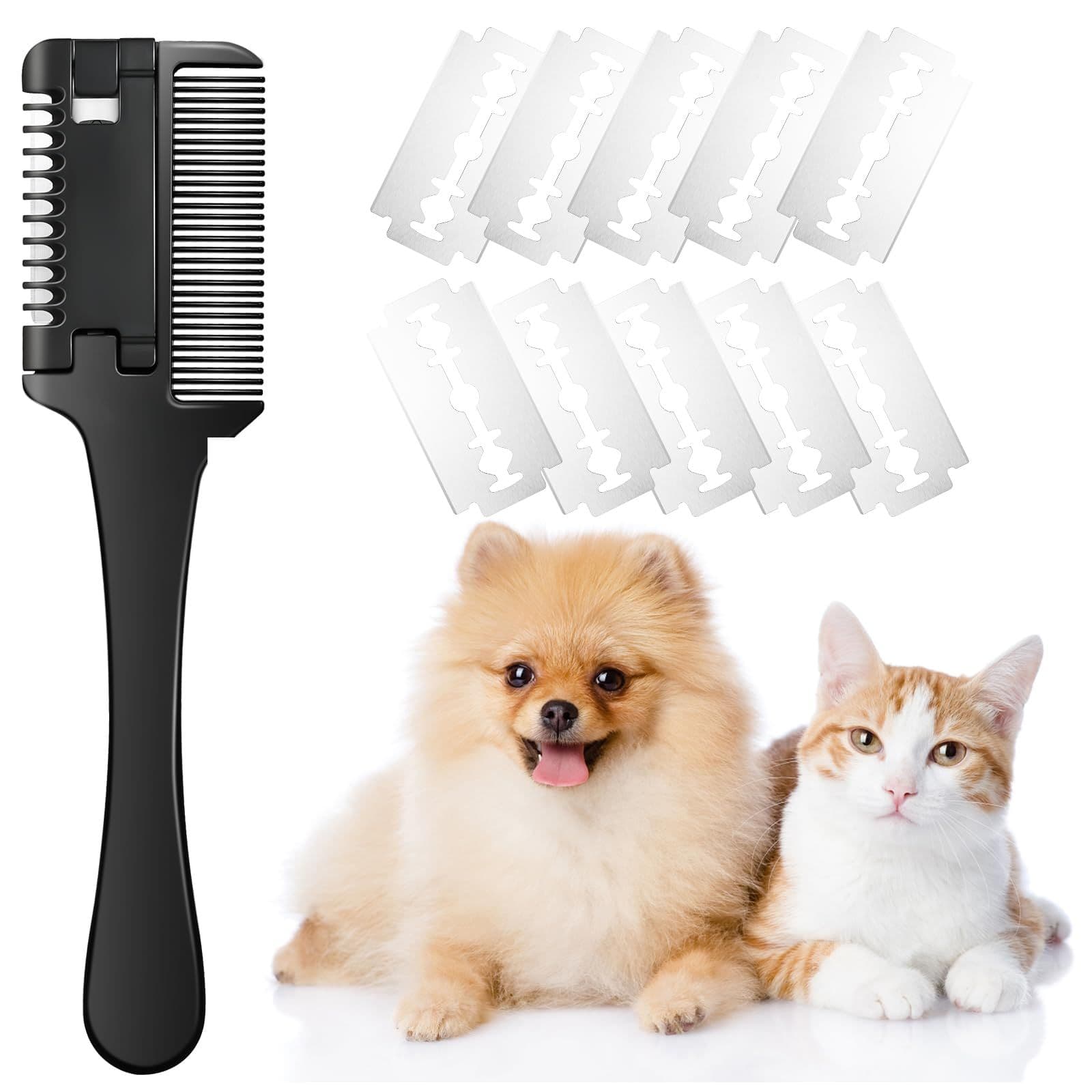 Razor Comb for Dogs Cats with 10 Pcs Extra Blades, Pet Razor Comb 2 in 1 | Trimming & Grooming, Dog Cat Brush that Cuts Hair, photo 1 of 5