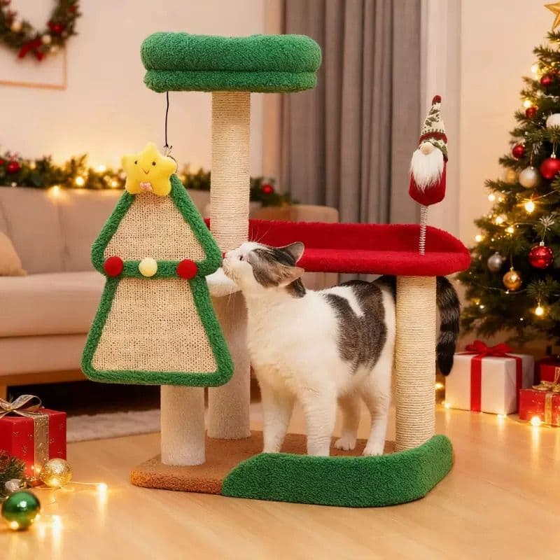 Festive Christmas Cat Tree with Multi-Level Scratching Posts, Cozy Top Perch, and Dangling Toys – A Holiday-Themed Play Center That Brings Seasonal Cheer While Satisfying Your Cat's Natural Instincts to Climb, Scratch, and Lounge (50*40*75CM), photo 1 of 4