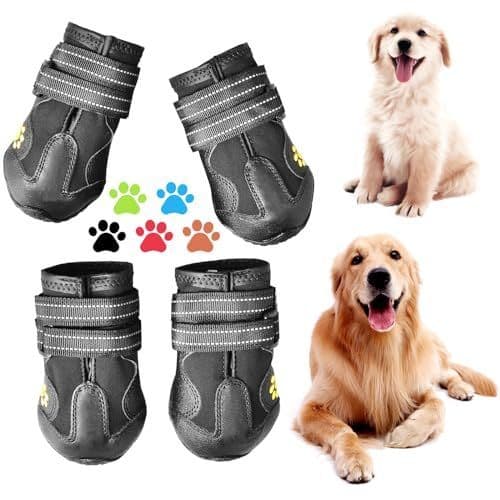 Dog Boots & Paw Protectors Non-Slip Waterproof | Dog Booties Adjustable Straps for Hot Pavement and Winter, Dog Shoes for Medium to Large Dogs 4Pcs with Rugged Sole