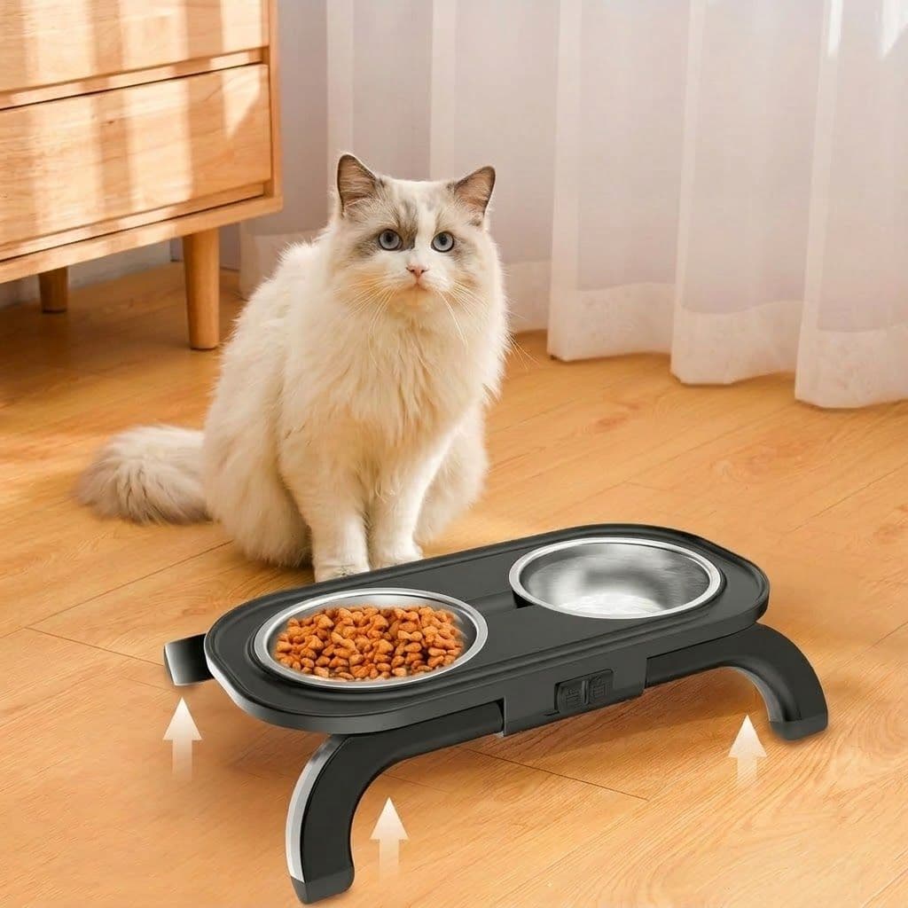Adjustable Height Pet Food Bowl with Stainless Steel Double Bowls, Ergonomic Raised Cat Feeder for Indoor Cats and Small Dogs, Anti-Slip, Anti-Tip, and Easy-to-Clean Design, photo 1 of 10